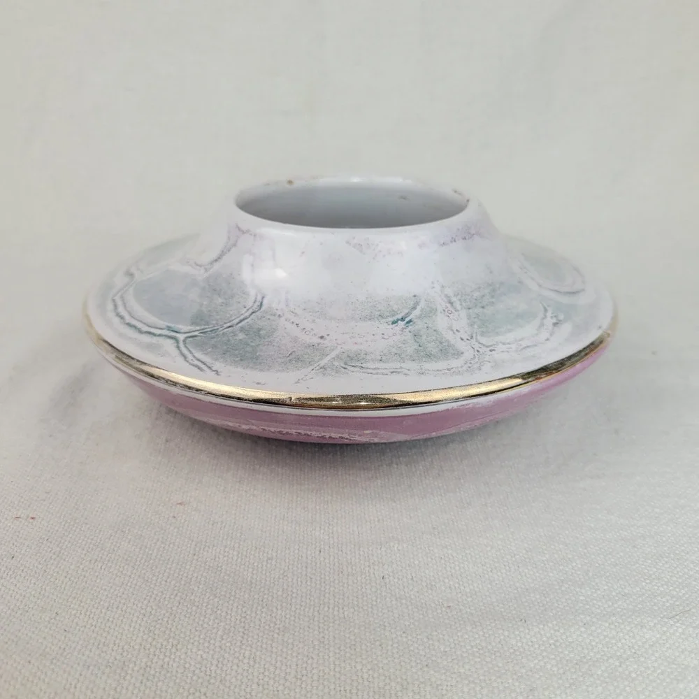 Vintage Italian Iridescent Ikebana Vase Mid Century‎ Pink Green Gold Rim